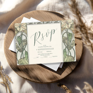 Bougainvillea Green Art Nouveau Mucha Wedding RSVP Karte