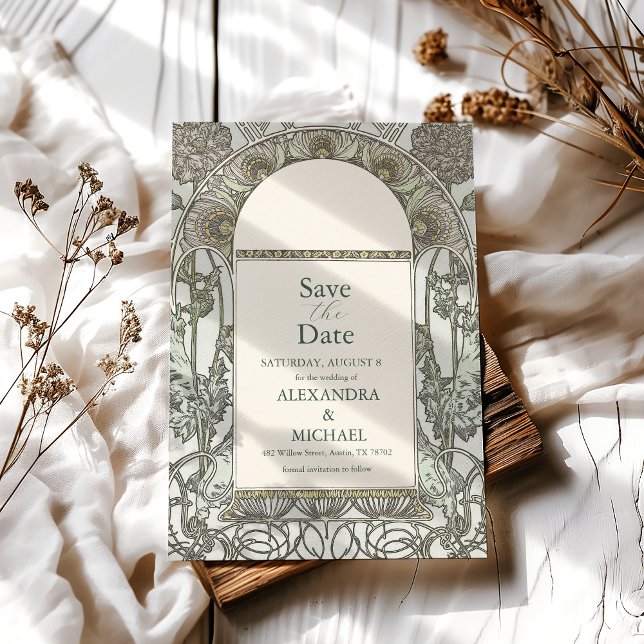 Bougainvillea Green Art Nouveau Mucha Wedding Save The Date (Von Creator hochgeladen)