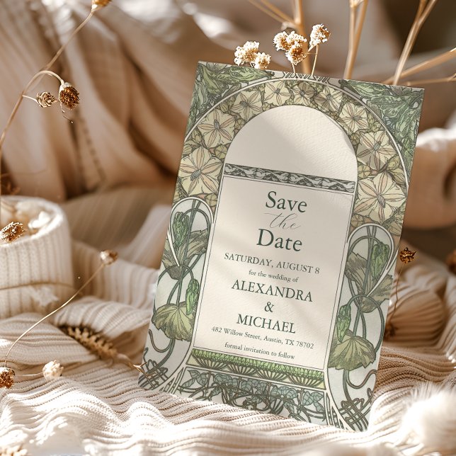 Bougainvillea Green Art Nouveau Mucha Wedding Save The Date (Von Creator hochgeladen)