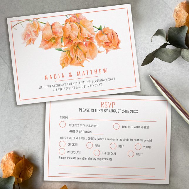 Bougainvillea Hochzeitsmahl in Orangetönen RSVP Karte (Von Creator hochgeladen)