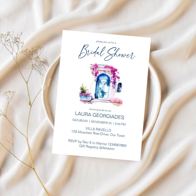 Bougainvillea mediterranes Brautparty Einladung (Bougainvillea Mediterranean blue themed bridal shower editable template Invitation digital download)