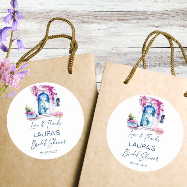 Bougainvillea mediterranes Brautparty Runder Aufkleber (Bougainvillea Mediterranean themed bridal shower thank you favor Sticker bridal shower favors pink)