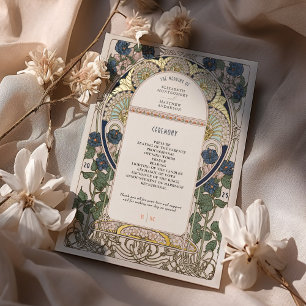 Bougainvillea Navy Blau Gold Hochzeitsprogramm Folieneinladung
