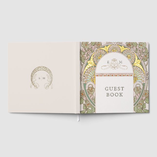 Bougainvillea Navy Blue Gold Wedding Art Nouveau Gästebuch (Voll)