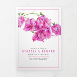 Bougainvillea rosa Blume Aquarellhochzeit Dreifach-gefaltete Programmkarte