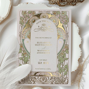 Bougainvillea Save The Date Grün Gold Art Nouveau Folieneinladung