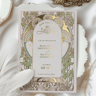 Bougainvillea Save The Date Grün Gold Art Nouveau Folieneinladung