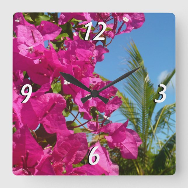 Bougainvillea und Palmen Tropische Natur Quadratische Wanduhr (Vorderseite)