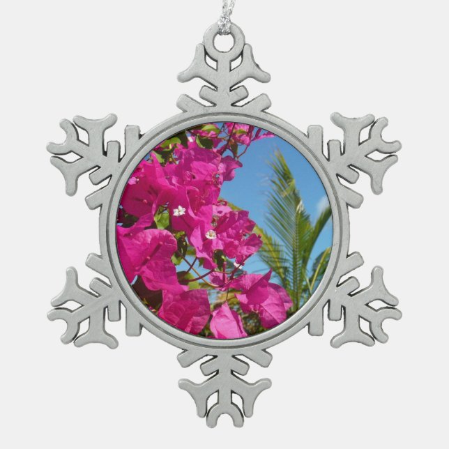 Bougainvillea und Palmen Tropische Natur Schneeflocken Zinn-Ornament (Vorderseite)