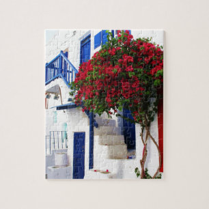 Bouganvilla, das auf Haus in Mykonos, Griechenland Puzzle