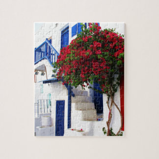 Bouganvilla, das auf Haus in Mykonos, Griechenland Puzzle