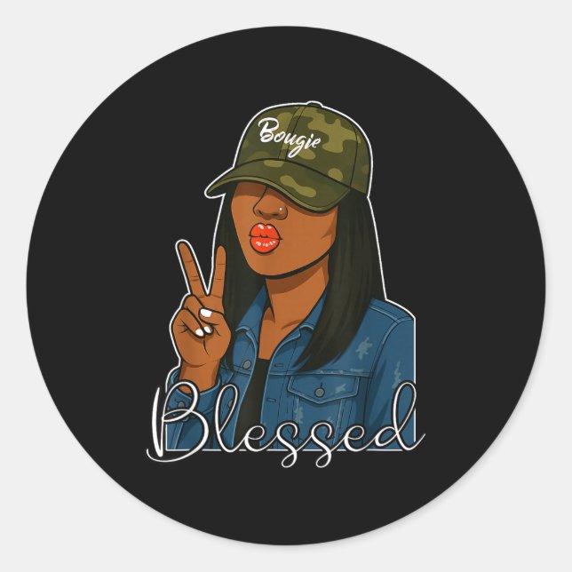 Bougie Blessed Camo Hat Christian Black Woman  Runder Aufkleber (Vorderseite)