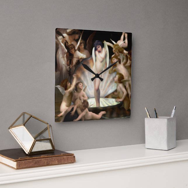 Bouguereau's Angels Surround Cupid Quadratische Wanduhr (Büro)