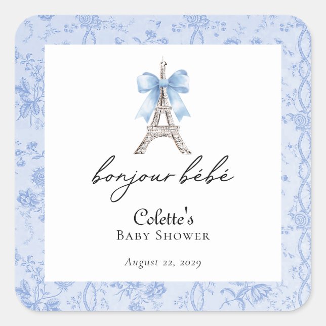 Boujour Bebe Paris French Toile Blue Baby Dusche Quadratischer Aufkleber (Vorderseite)