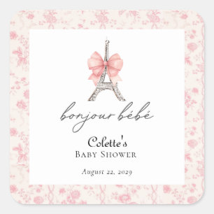 Boujour Bebe Paris French Toile Pink Baby Dusche Quadratischer Aufkleber