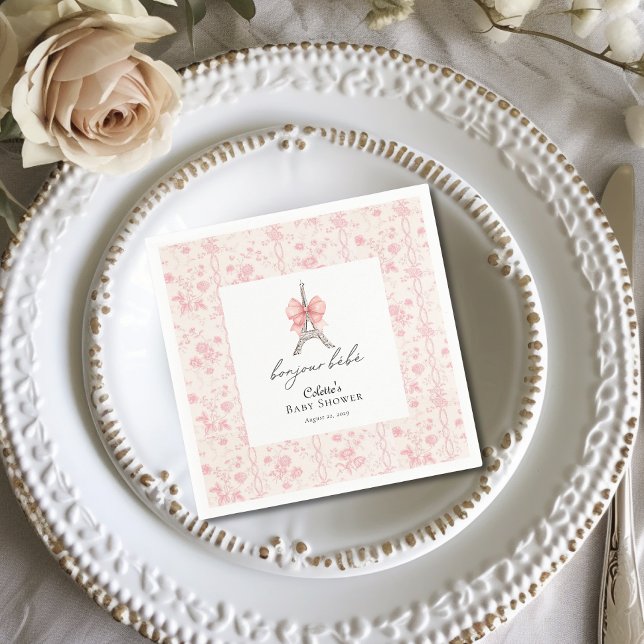 Boujour Bebe Paris French Toile Pink Baby Dusche Serviette (Bon Jour Be be Baby Shower Cocktail Napkins )