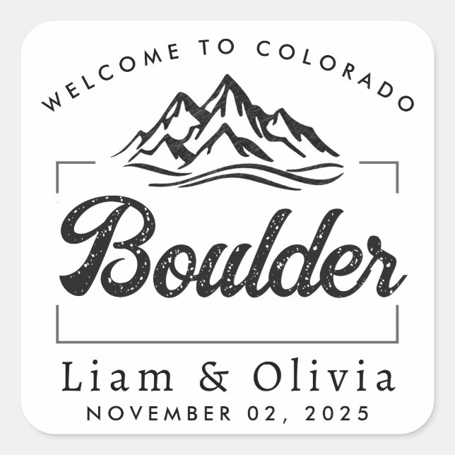 Boulder Colorado Wedding Minimalistisch Welcome Quadratischer Aufkleber (Vorderseite)