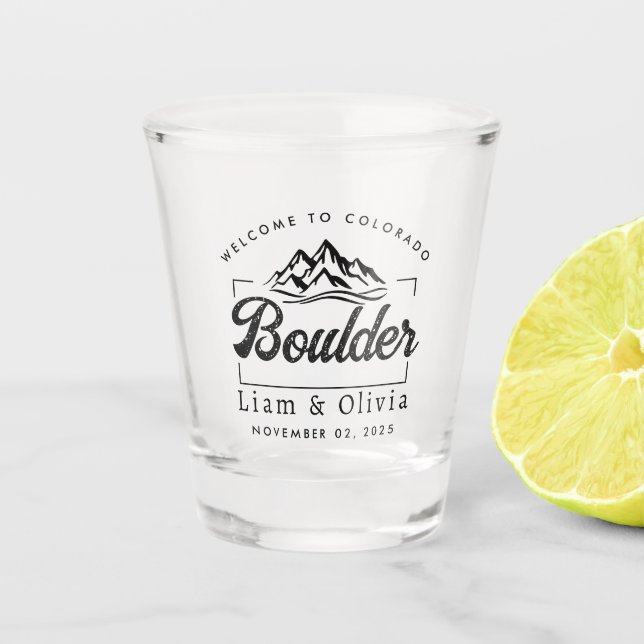 Boulder Colorado Wedding Minimalistisch Welcome Schnapsglas (Vorderseite)