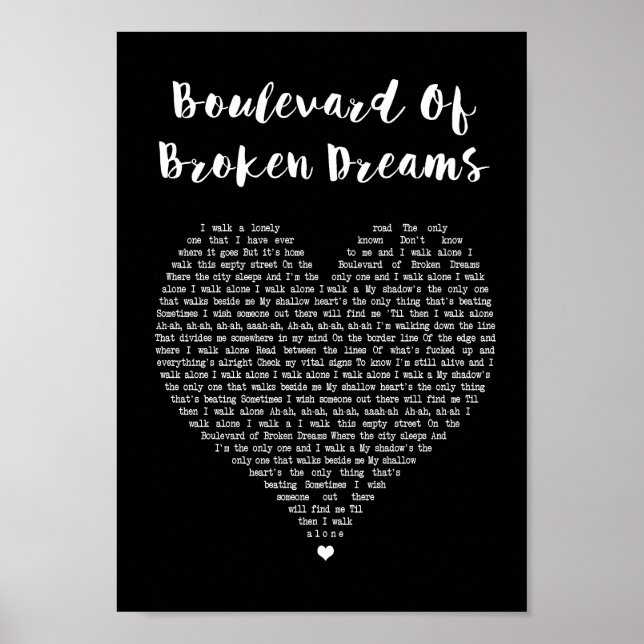 Boulevard of Broken Dreams Black Heart Song Lyric Poster (Vorne)