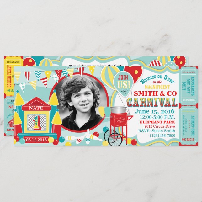 Bounce House Karneval Geburtstag Einladung (Vorne/Hinten)