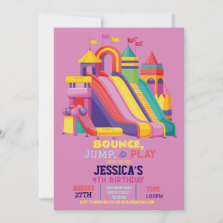 Bouncy Castle Birthday Party Jump Bounce Pink Girl Einladung