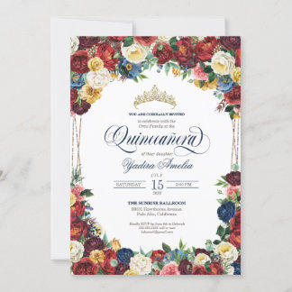 Bounitful Garden Royal Blue Red Floral Quinceanera Einladung