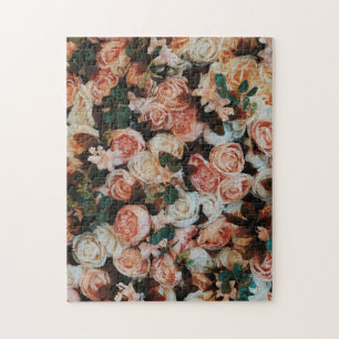 Bouquet aus rosa Rosen und grünen Blätter Puzzle