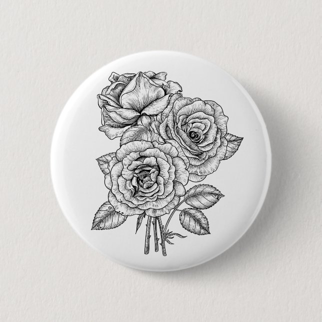 Bouquet aus Rose in Schwarz und Weiß Button (Vorderseite)