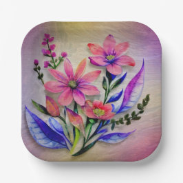 Bouquet-Blume in Aquarellfarben, farbenfroher Hint Pappteller