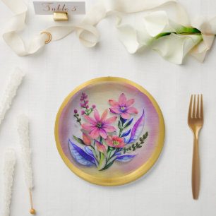 Bouquet-Blume in Aquarellfarben, farbenfroher Hint Pappteller