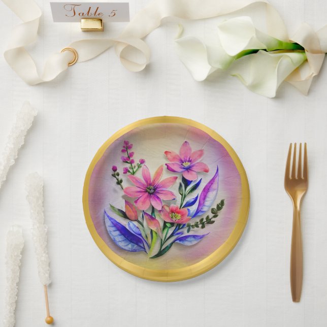 Bouquet-Blume in Aquarellfarben, farbenfroher Hint Pappteller (Hochzeit)