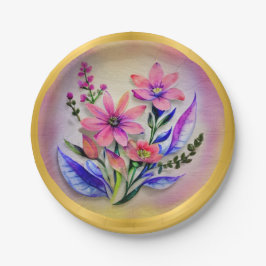 Bouquet-Blume in Aquarellfarben, farbenfroher Hint Pappteller