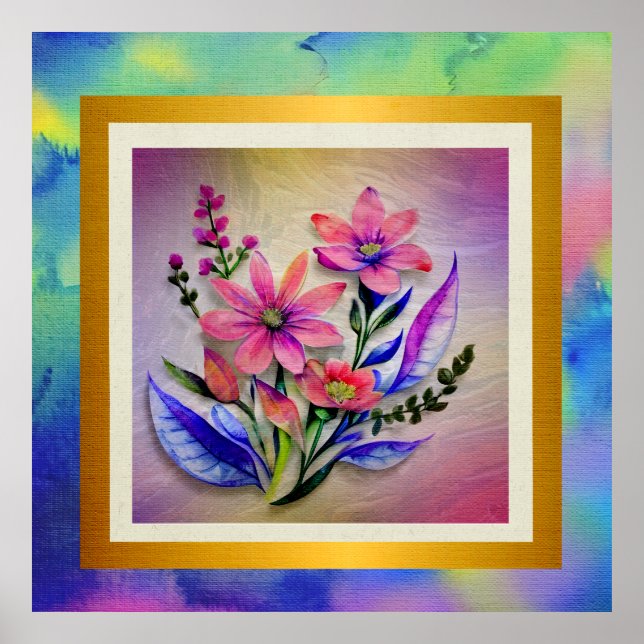 Bouquet-Blume in Aquarellfarben, farbenfroher Hint Poster (Vorne)