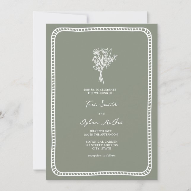 Bouquet Border Blush Sage Green Wedding Einladung (Vorderseite)
