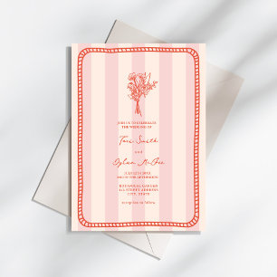 Bouquet Border Pink Stripe Tropical Wedding Einladung
