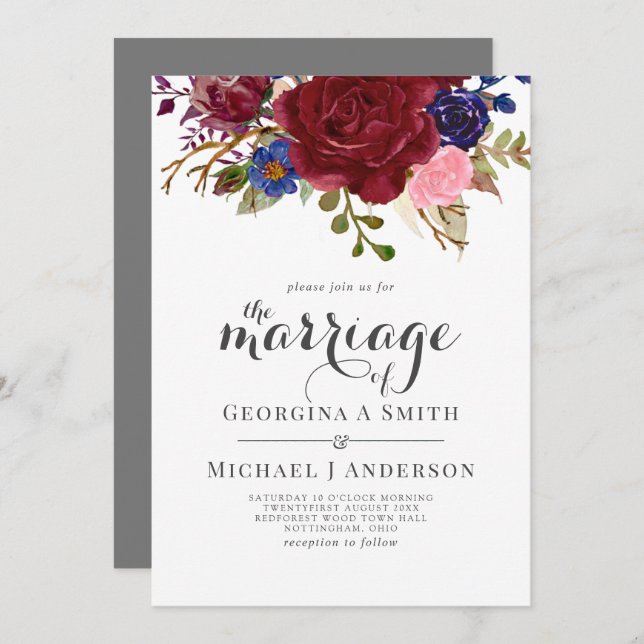 Bouquet Burgundy Blue Pink Blume WEDD Einladung (Vorne/Hinten)