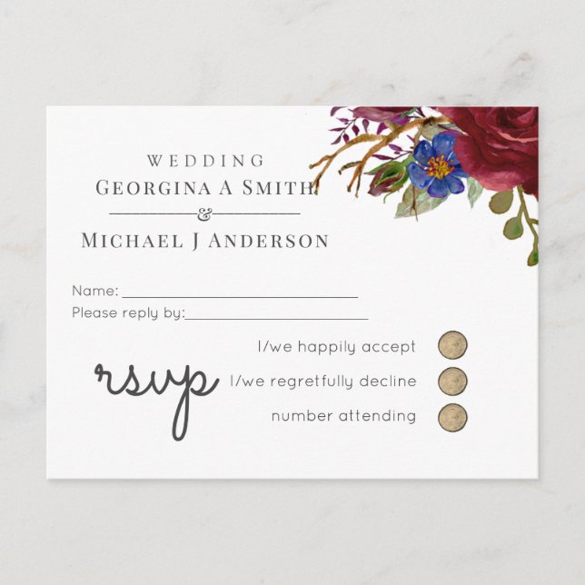 Bouquet Burgundy Blue Pink WEDDING RSVP Einladungspostkarte (Vorderseite)