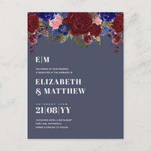 Bouquet Burgundy Blue Rose Wedite Einladung Postkarte