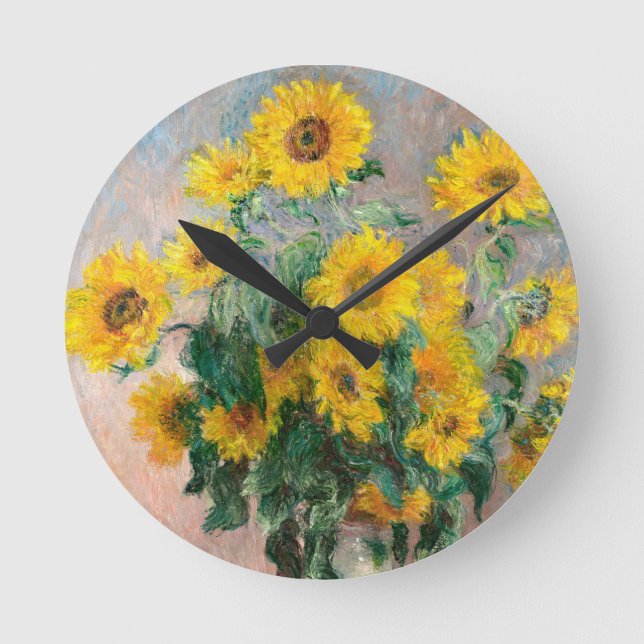 Bouquet der Sonnenblumen von Monet Impressionist Runde Wanduhr (Vorderseite)
