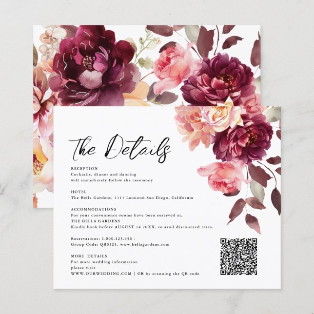 Bouquet Floral Burgundy QR-Code Details Hochzeit (Vorne/Hinten)