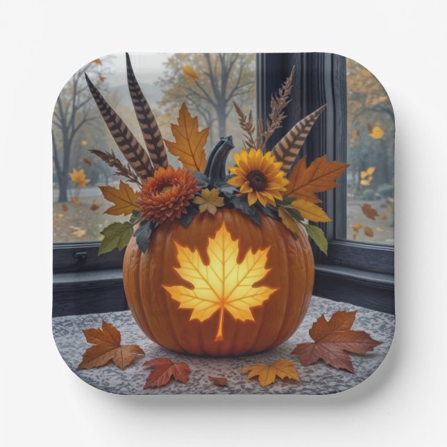 Bouquet im Herbst in einem Orangen Kürbis Pappteller (Vorderseite)