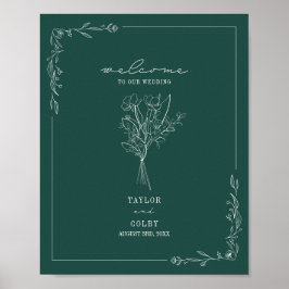 Bouquet Line Art Emerald Wedding Willkommen Poster