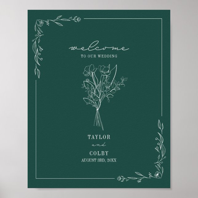 Bouquet Line Art Emerald Wedding Willkommen Poster (Vorne)