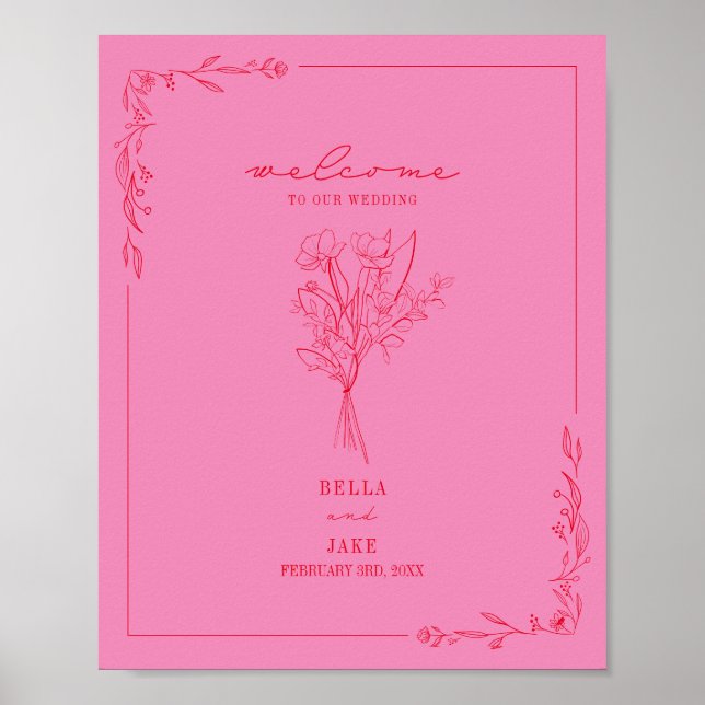 Bouquet Line Art Pink Red Wedding Empfang Poster (Vorne)