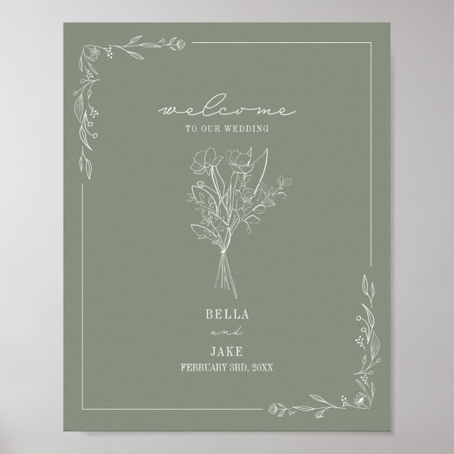 Bouquet Line Art Sage Green Wedding Willkommen Poster (Vorne)