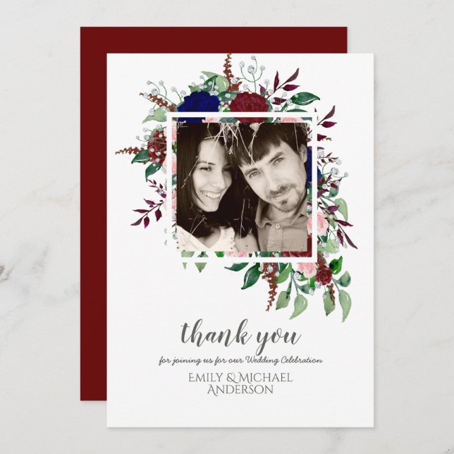 Bouquet Marsala Blue Pink Blume DANKEN Einladung (Vorne/Hinten)