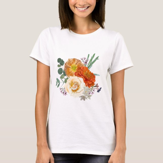 Bouquet mit Gartenmöbeln und Blume. T-Shirt (Vorderseite)