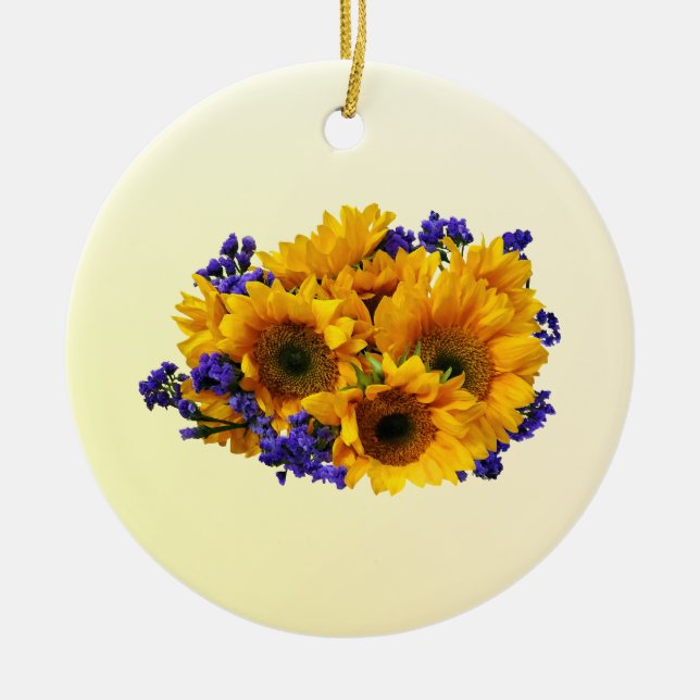 Bouquet mit Sonnenblumen und Lila Statice Keramik Ornament (Vorne)