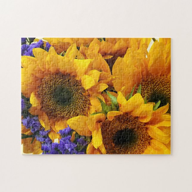 Bouquet mit Sonnenblumen und Lila Statice Puzzle (Horizontal)