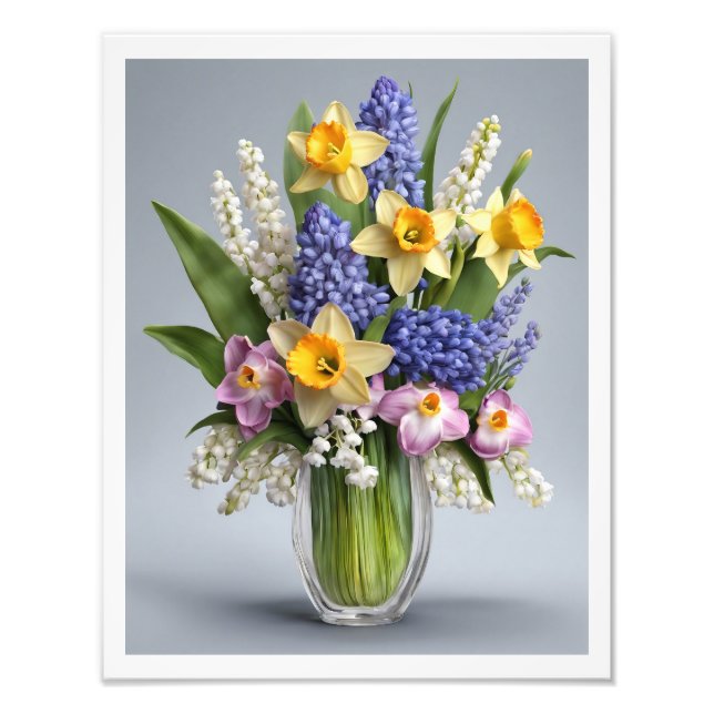 Bouquet of Spring Daffodils Hyacinths Glass Vase Fotodruck (Vorne)